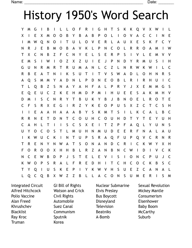 History 1950 s Word Search WordMint
