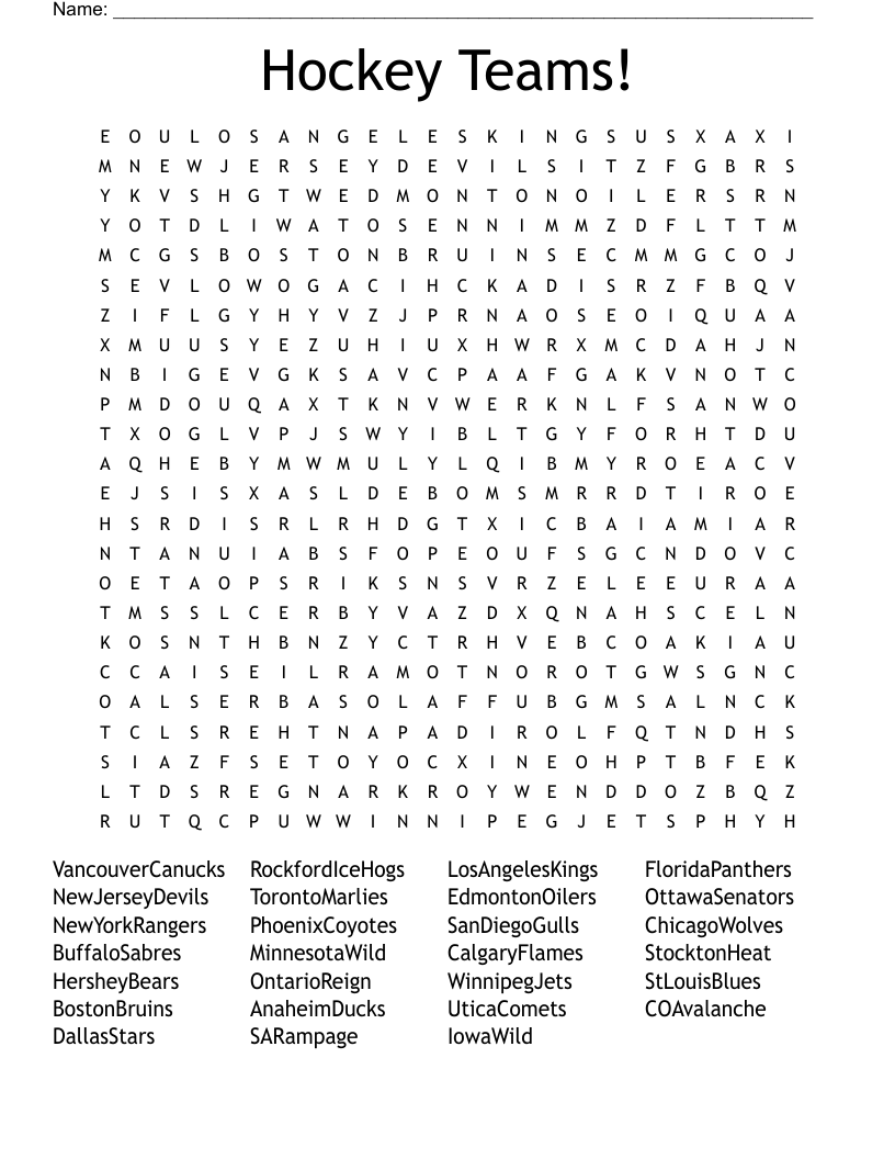 Hockey Teams Word Search WordMint