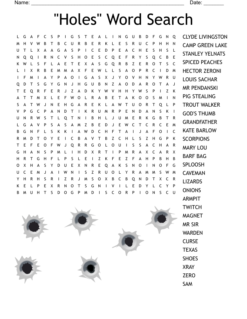 Holes By Louis Sachar Word Search WordMint