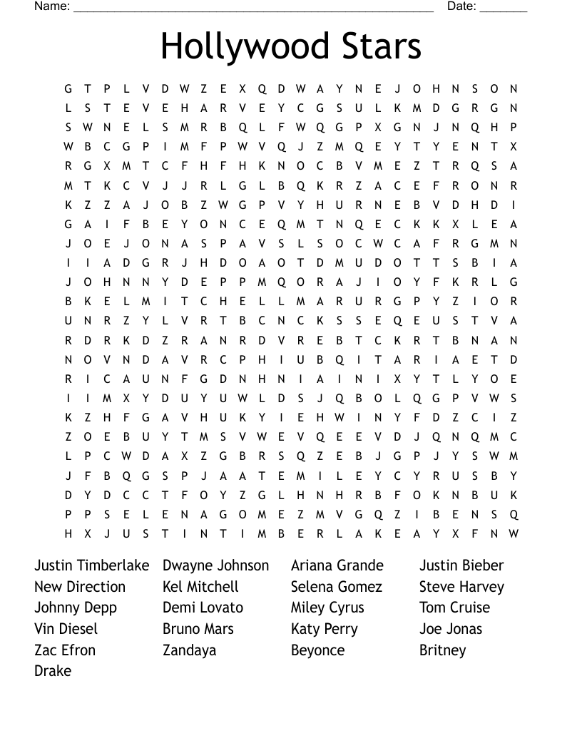 Hollywood Stars Word Search WordMint Worksheets Library
