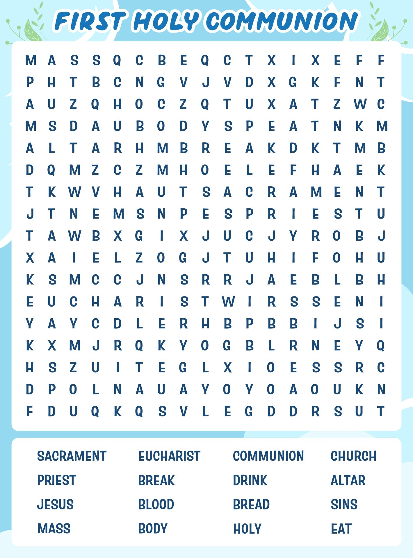 Holy Communion Word Search 7 Free PDF Printables Printablee