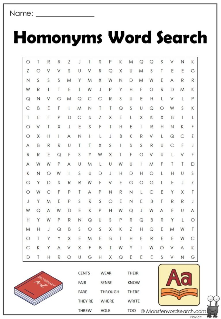 Homonyms Word Search Monster Word Search