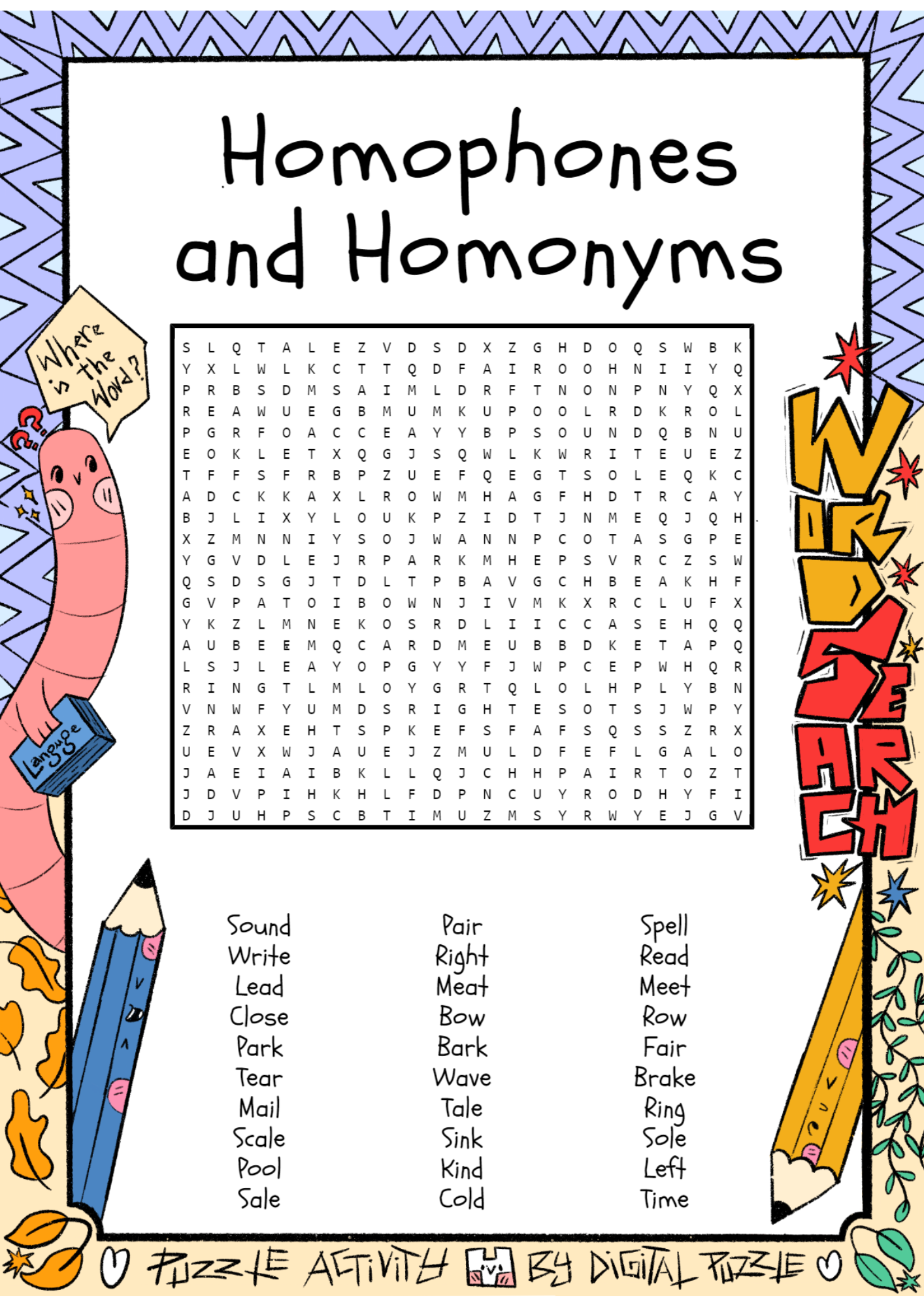 Homophones And Homonyms Word Search Puzzle Worksheet Activity 