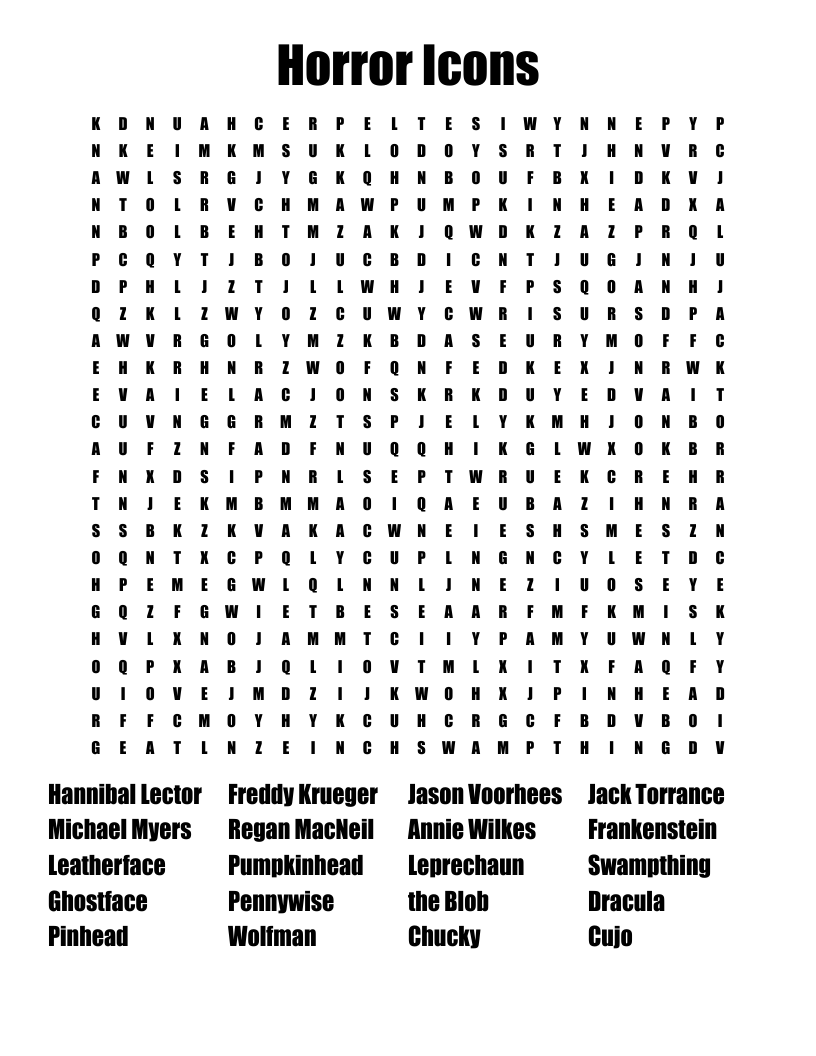 Horror Icons Word Search WordMint
