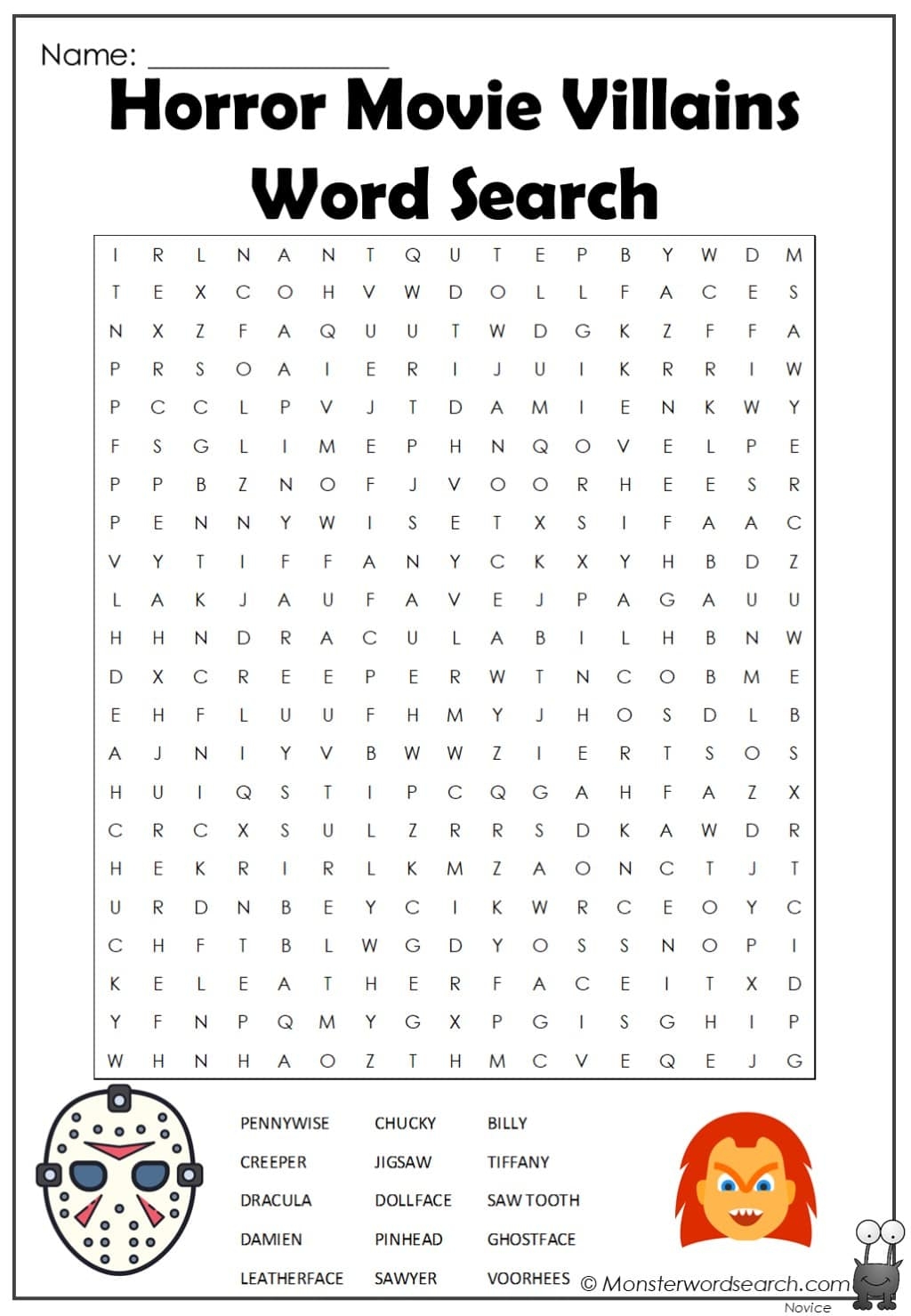 Horror Movie Villains Word Search Monster Word Search Horror Movie Villains Word Search Monster Word Search