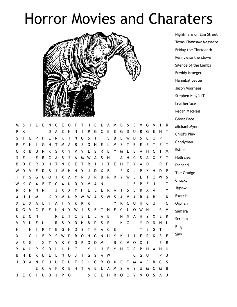 Horror Movies And Charaters Word Search WordMint