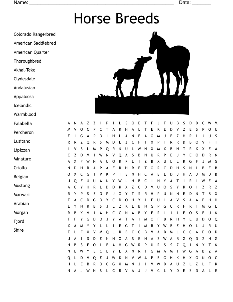 Horse Breeds Word Search WordMint