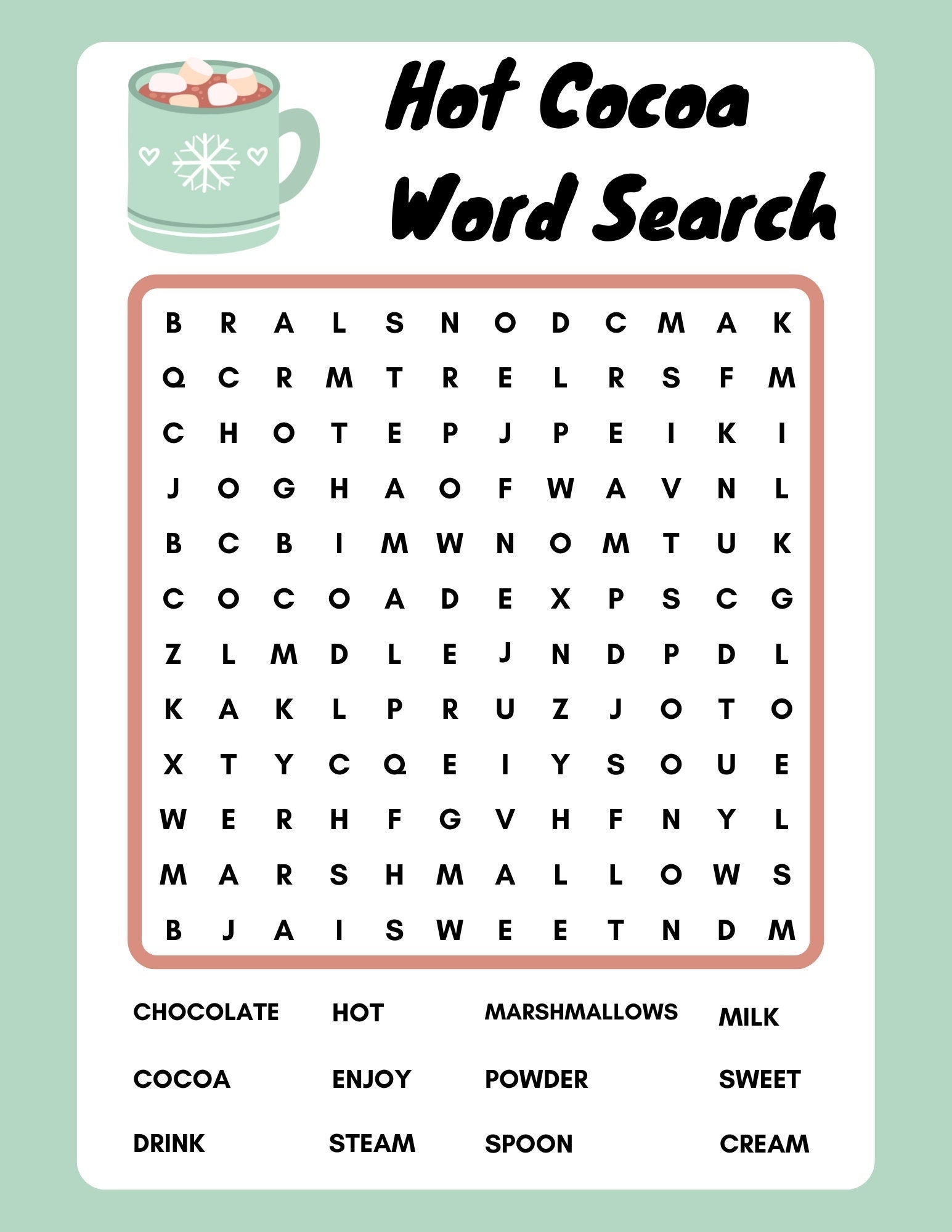 Hot Cocoa Word Search Printable Instant Download PDF Etsy