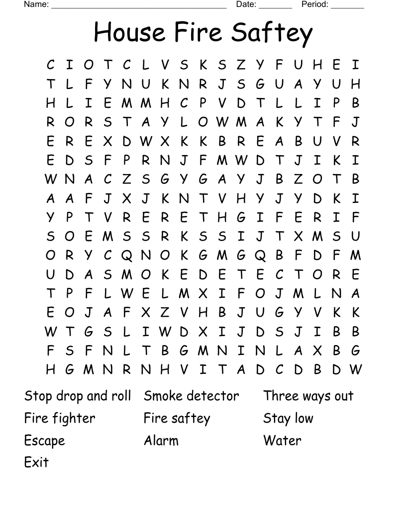 House Fire Saftey Word Search WordMint