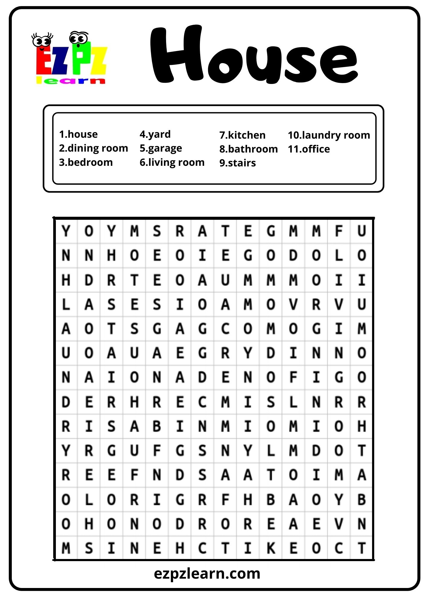 House Rooms Word Search Ezpzlearn House Rooms Word Search Ezpzlearn