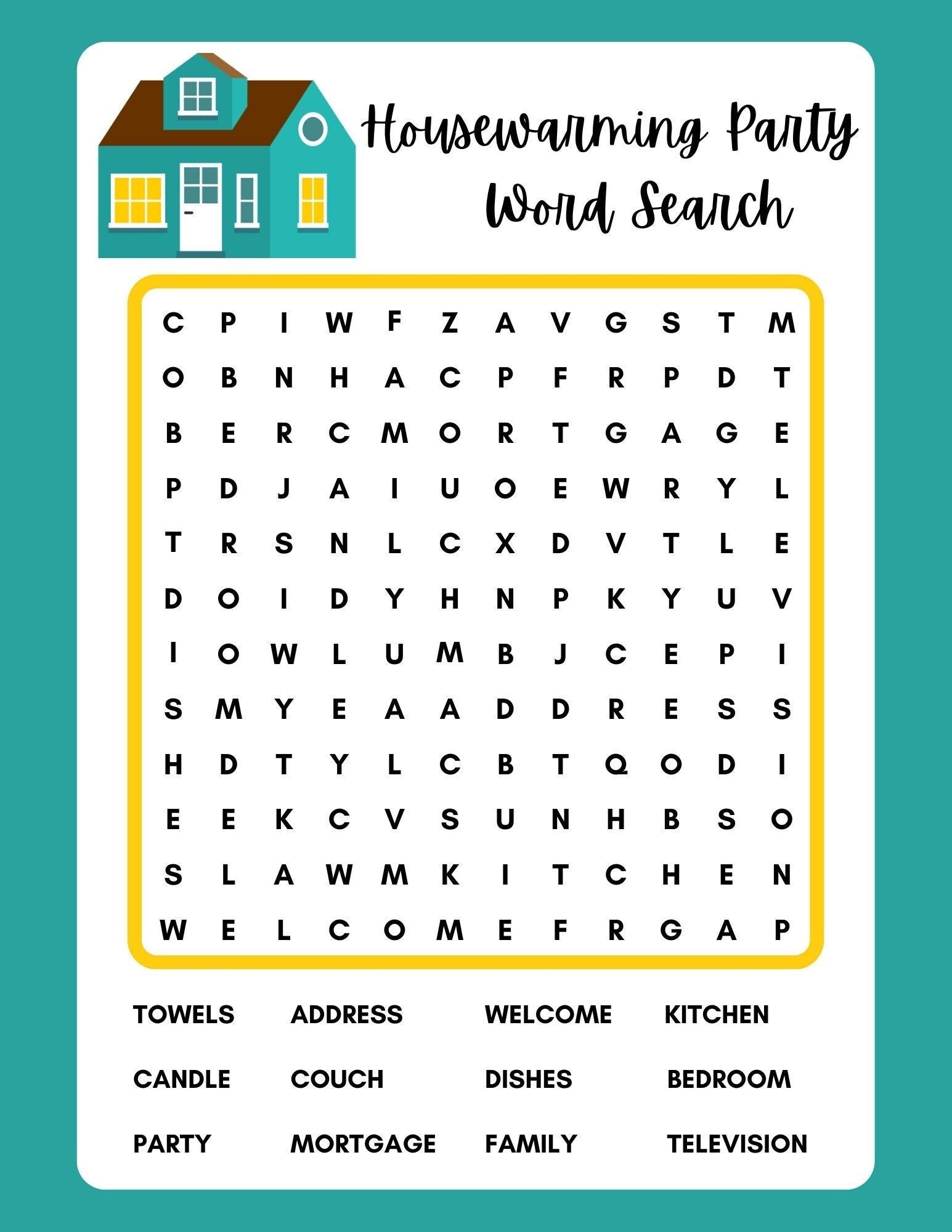 Housewarming Party Word Search Printable Instant Download PDF 