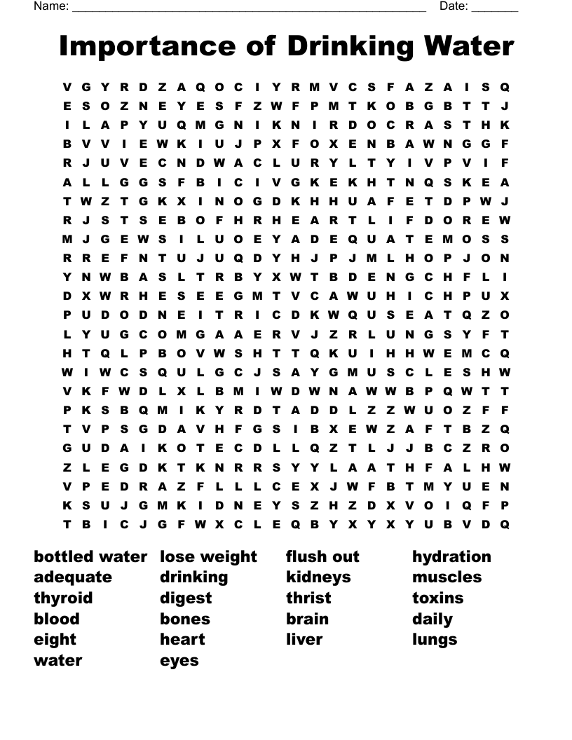 Importance Of Drinking Water Word Search WordMint