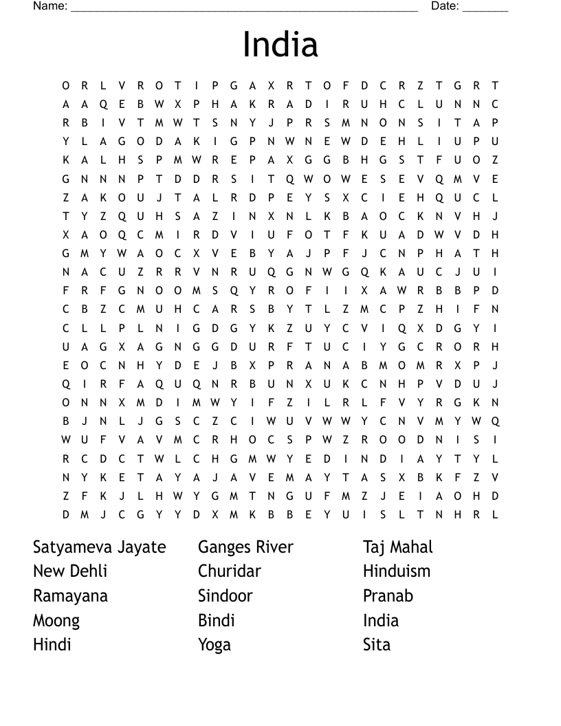India Word Search WordMint