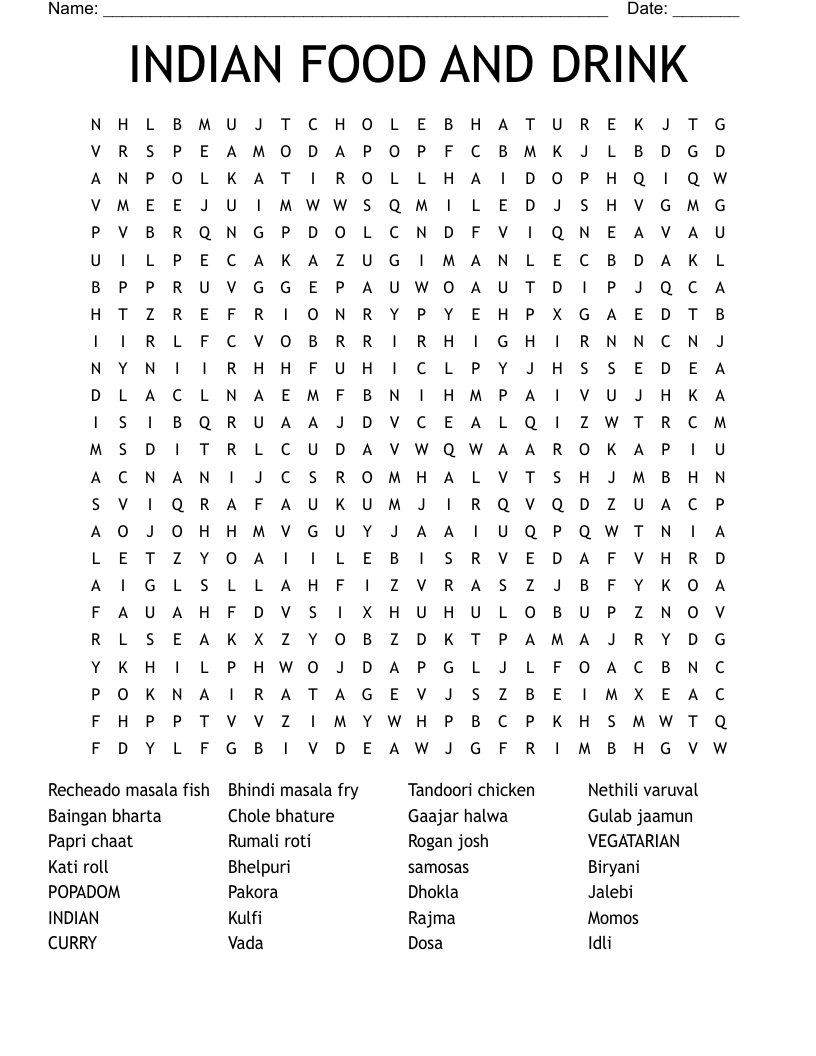 INDIAN FOOD AND DRINK Word Search WordMint