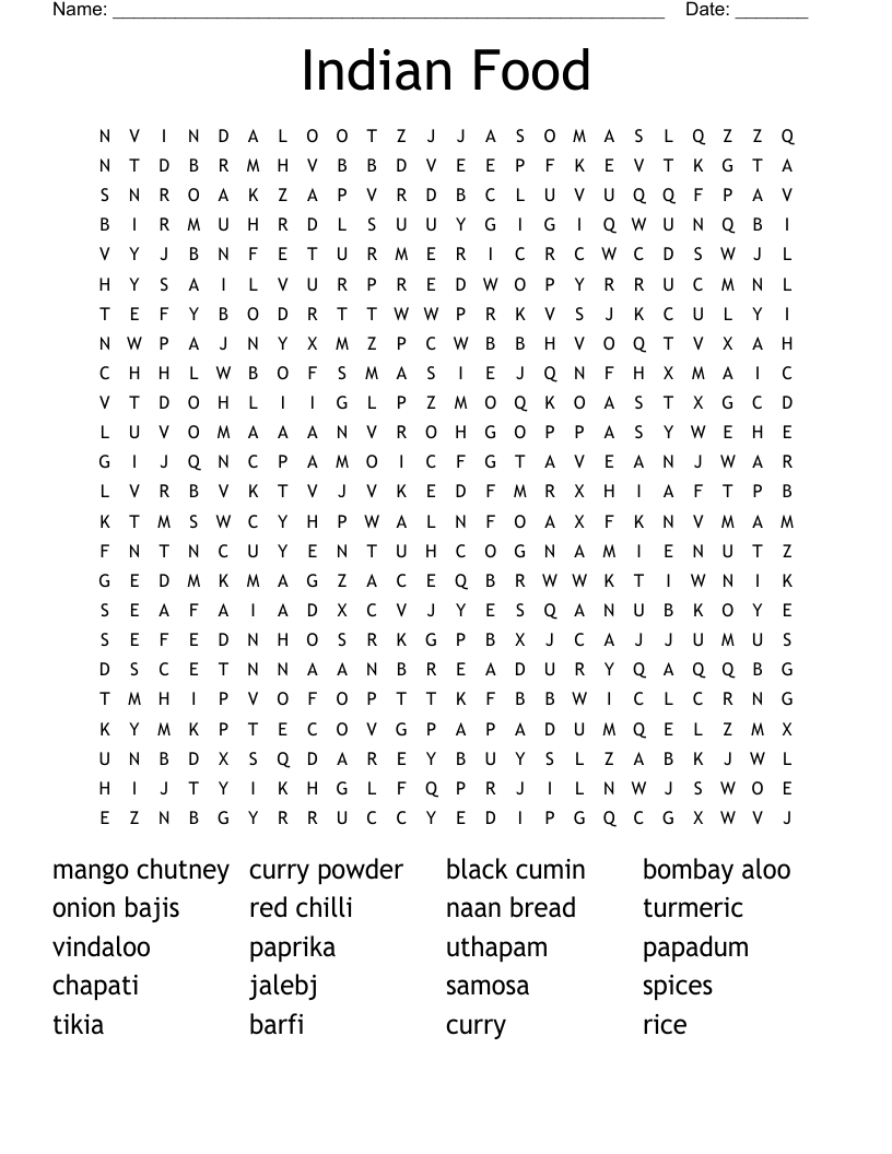 Indian Food Word Search WordMint