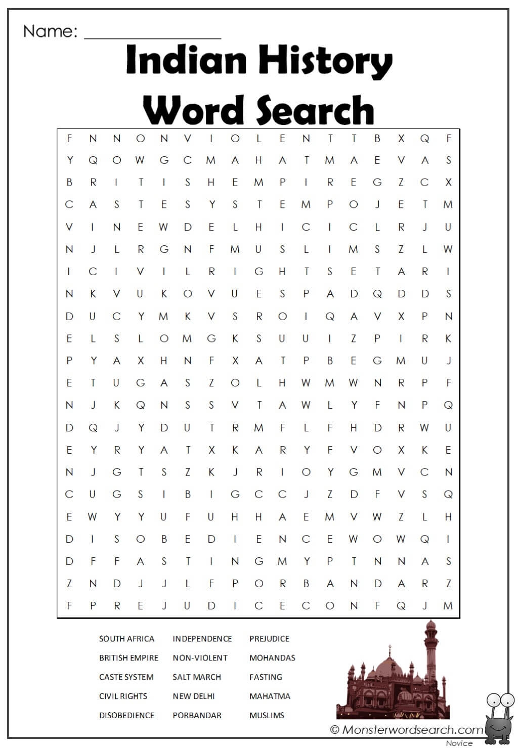Indian History Word Search Monster Word Search