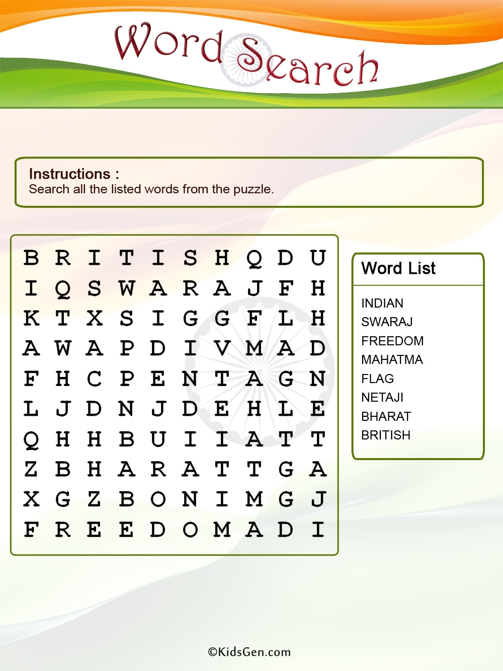 Indian Independence Day Word Search Puzzle Template Color