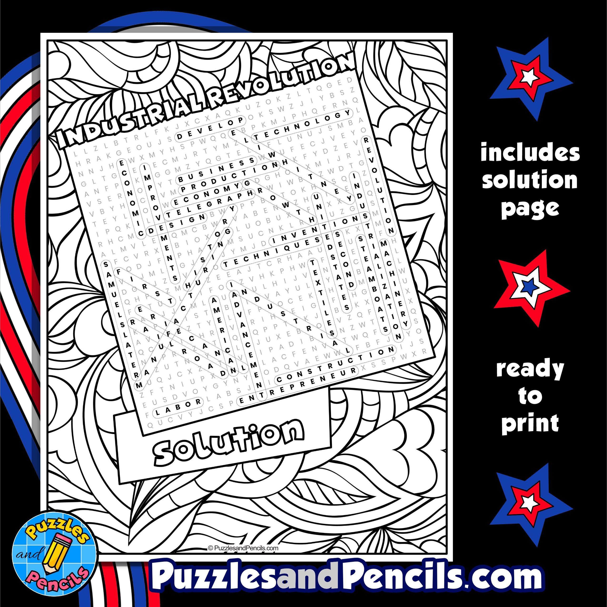 Industrial Revolution Word Search Puzzle With Coloring US 