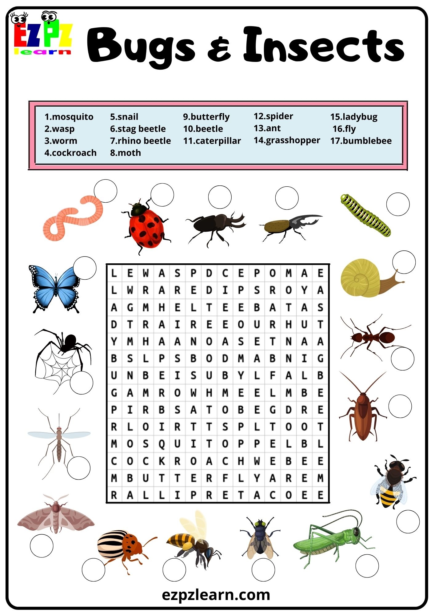 Insects And Bugs Word Search 2 Ezpzlearn