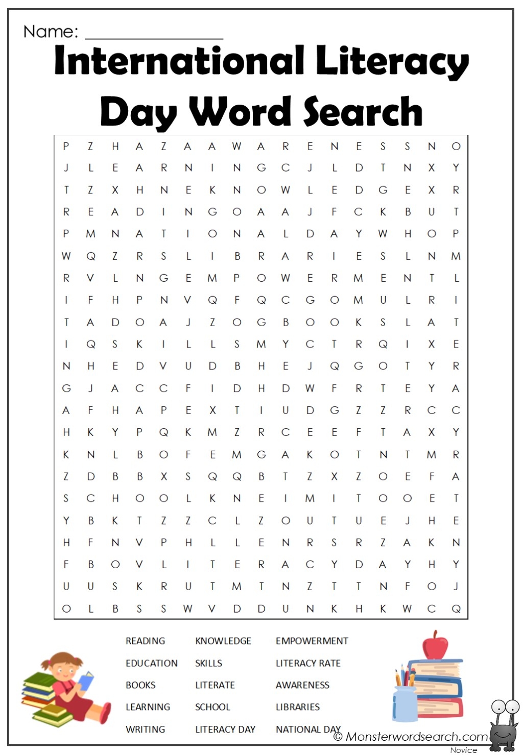 International Literacy Day Word Search Monster Word Search