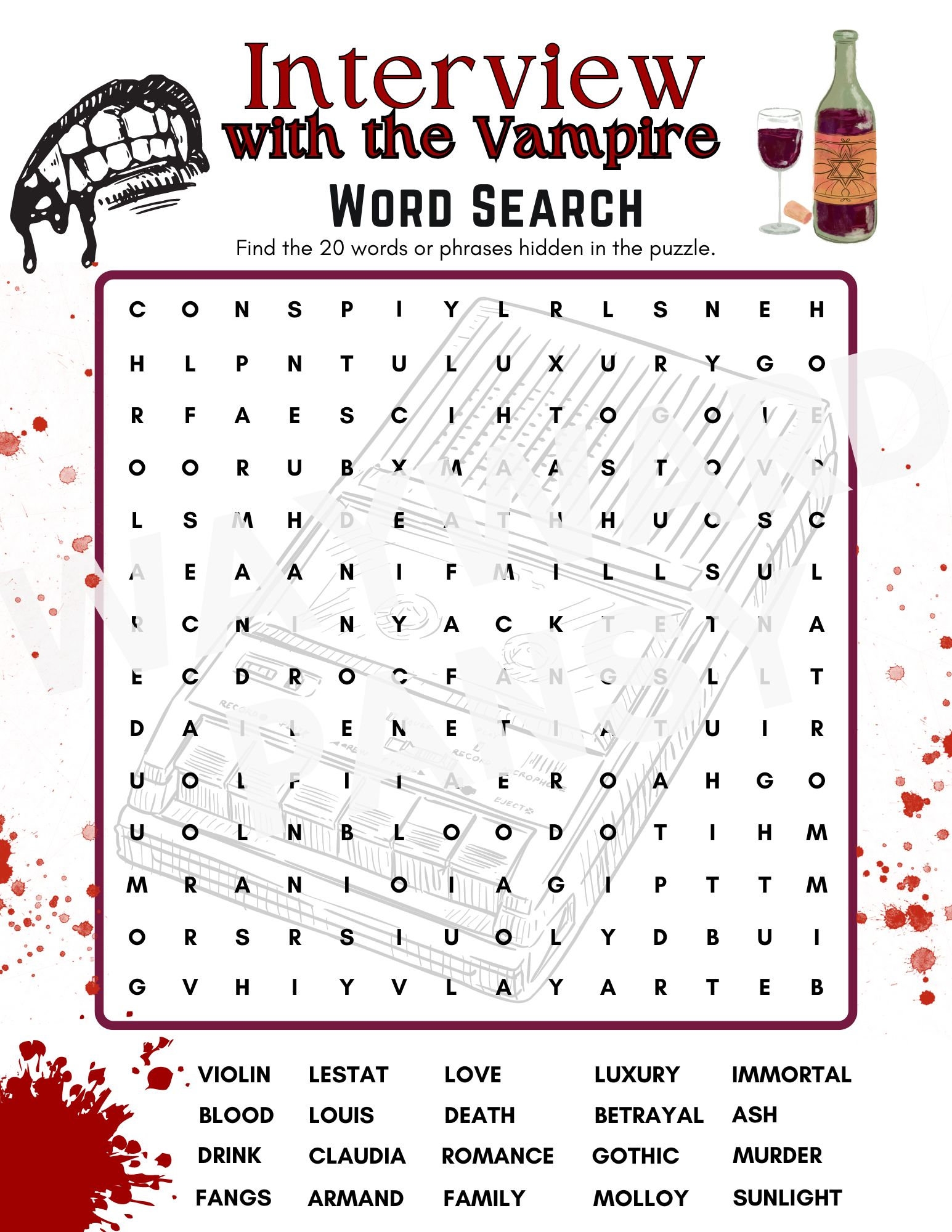 Interview With The Vampire Word Search Puzzle Instant Digital Download Printable Party Game Inspired By The Anne Rice Book tv Show movie Etsy