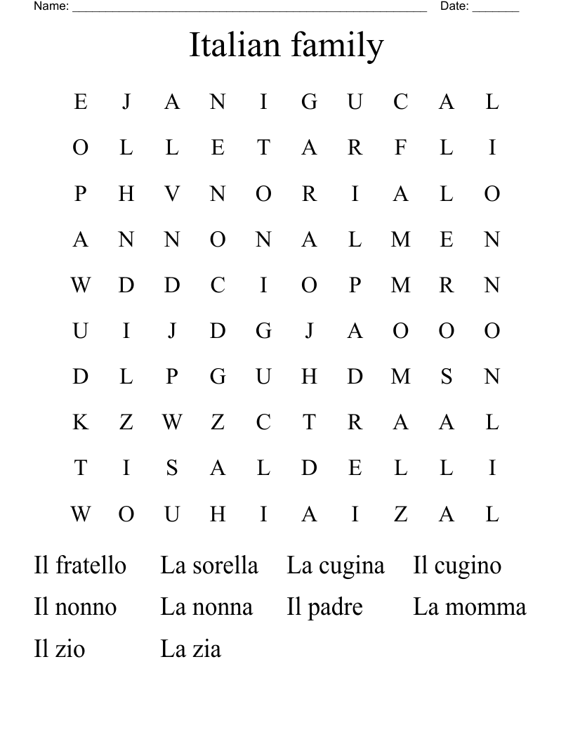 Italian Family Word Search WordMint Italian Family Word Search WordMint