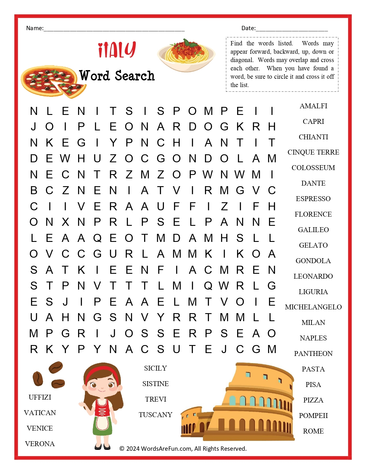 Italy Word Search For Kids