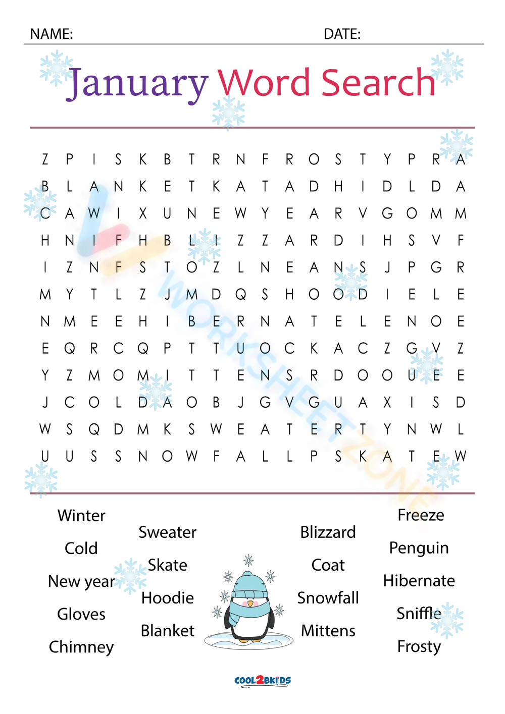 Free Printable Word Search For January