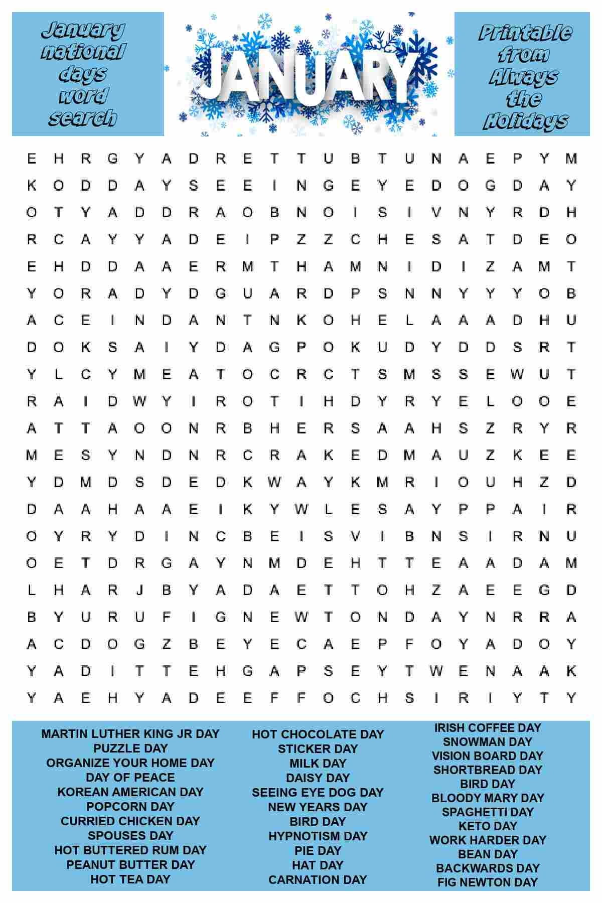 January Word Search Printable National Day Word Find Puzzle January Word Search Printable National Day Word Find Puzzle