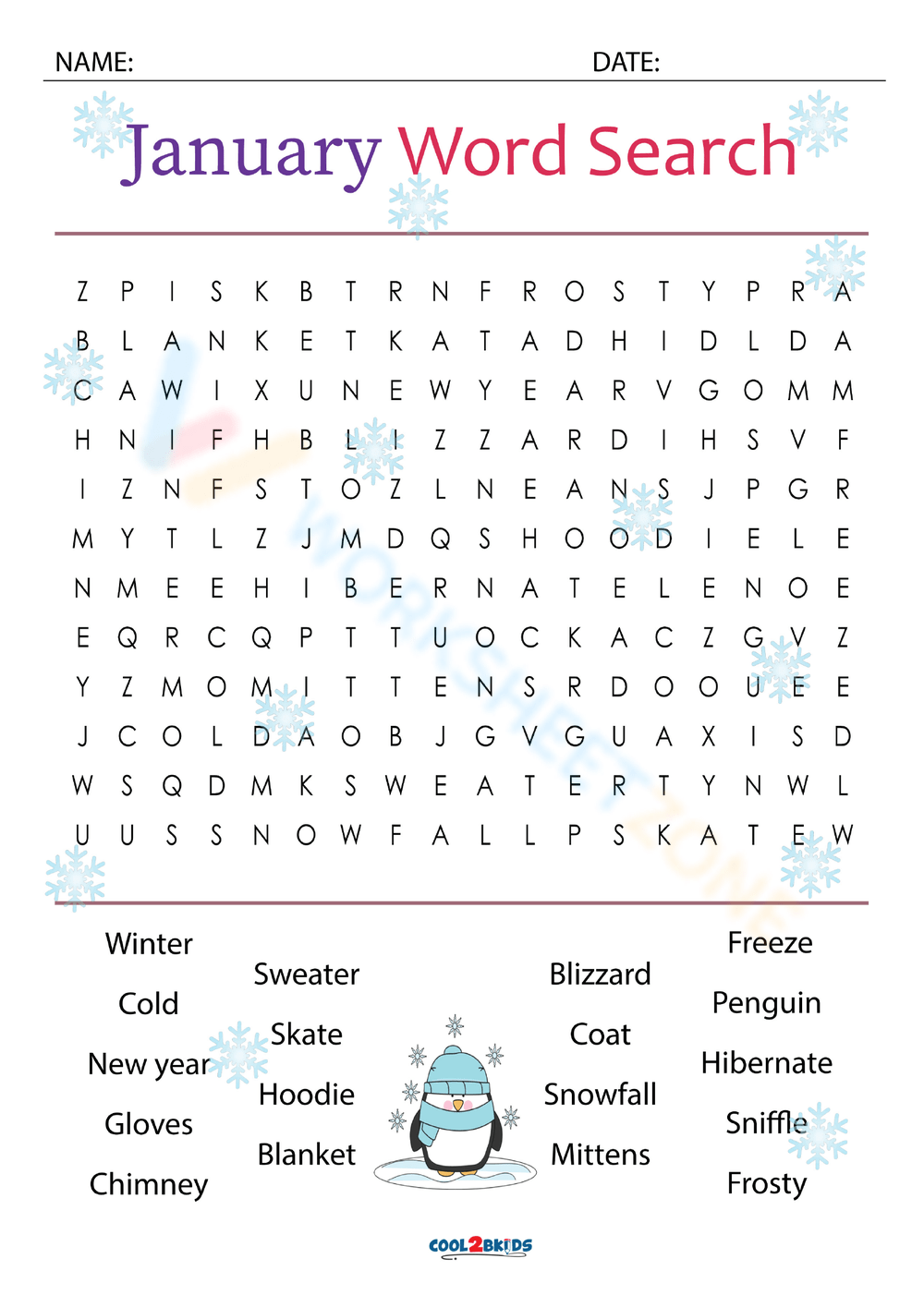 Word Search January Printable