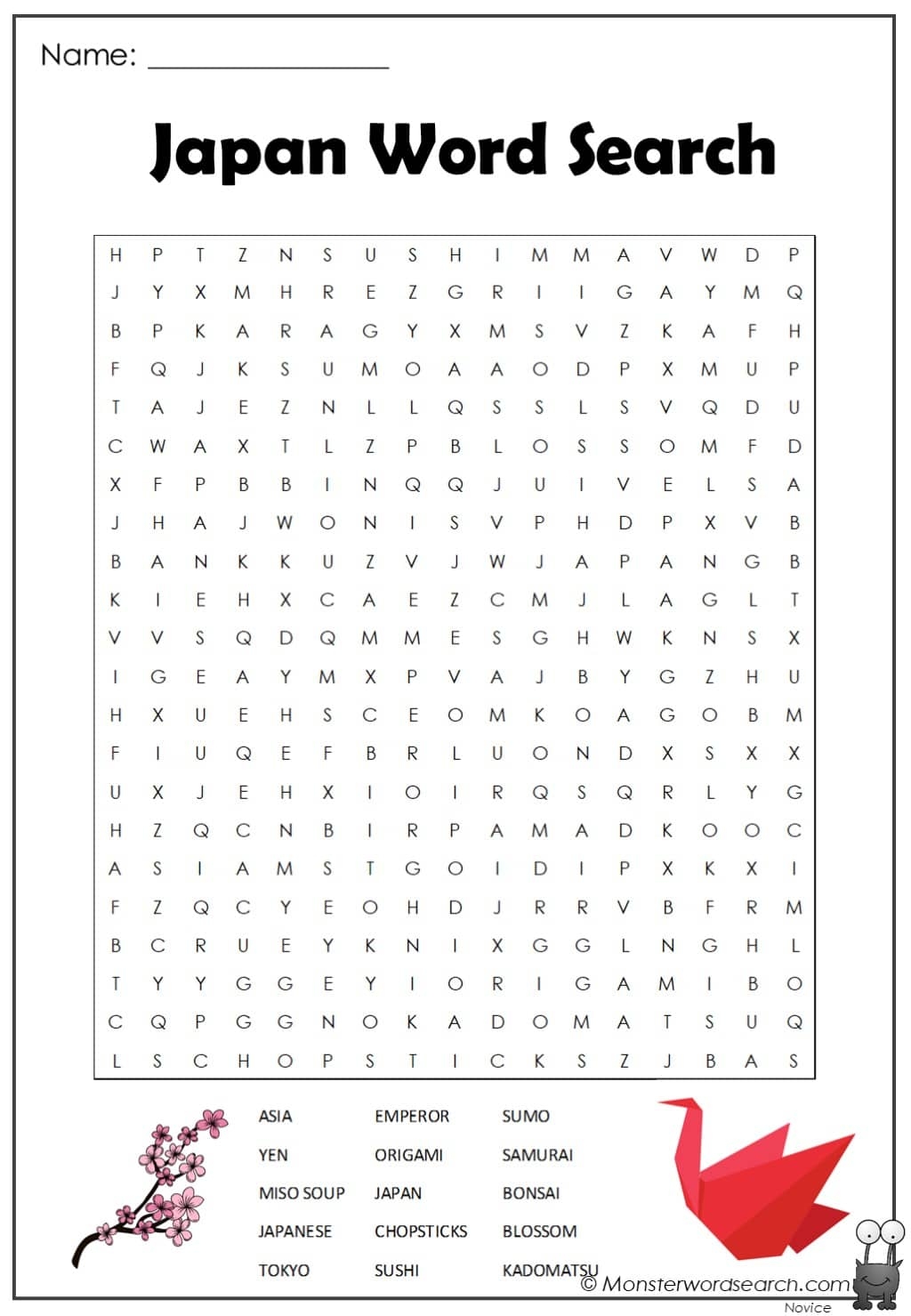 Japan Word Search Monster Word Search