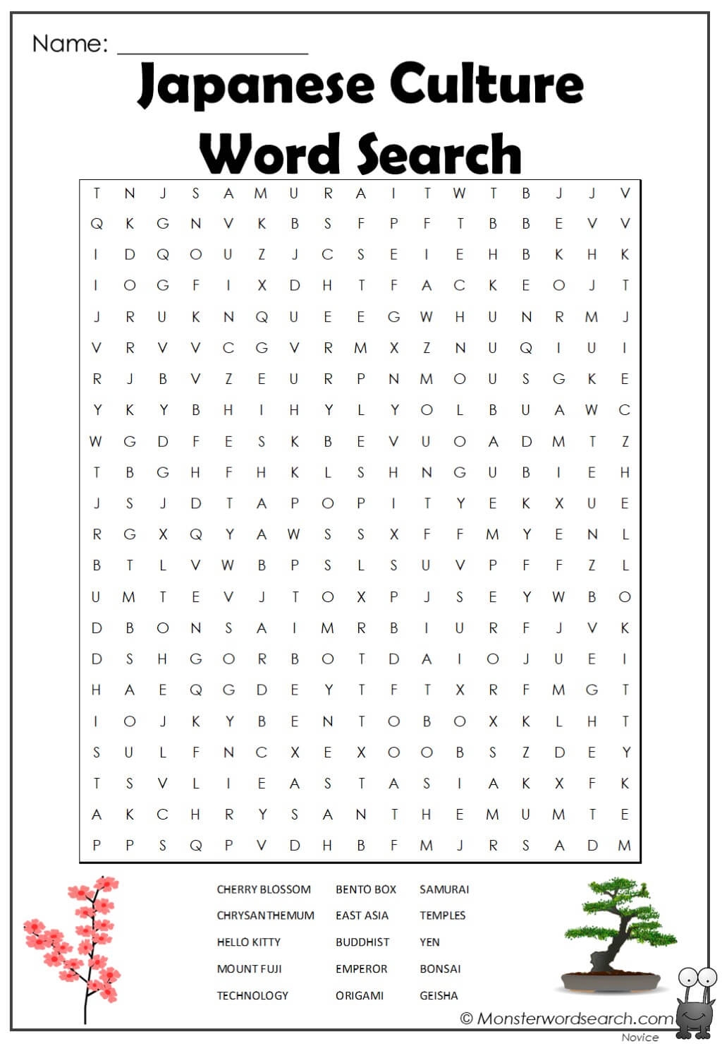 Japanese Culture Word Search Monster Word Search