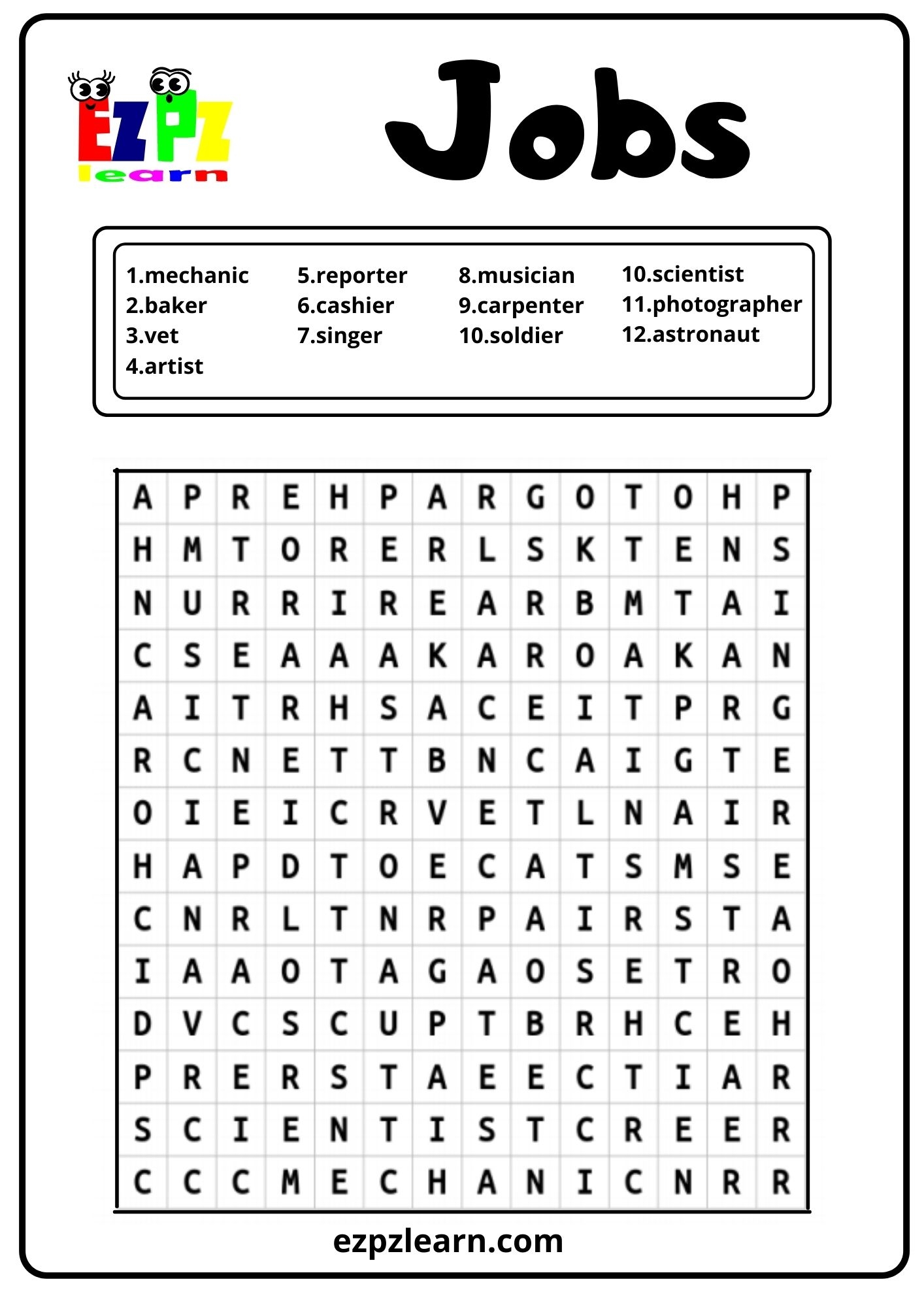 Jobs 2 Word Search Ezpzlearn
