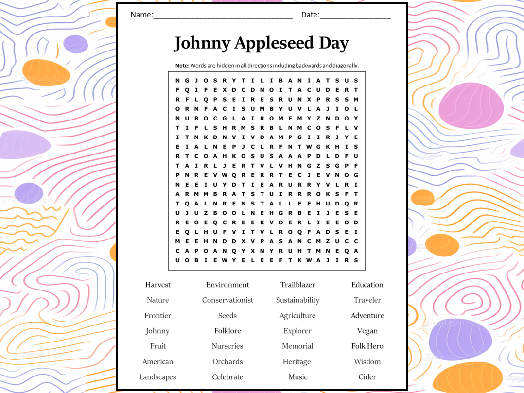 Johnny Appleseed Day Word Search Puzzle Worksheet Activity 