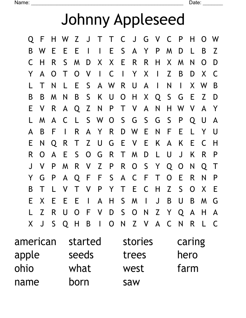 Johnny Appleseed Word Search WordMint