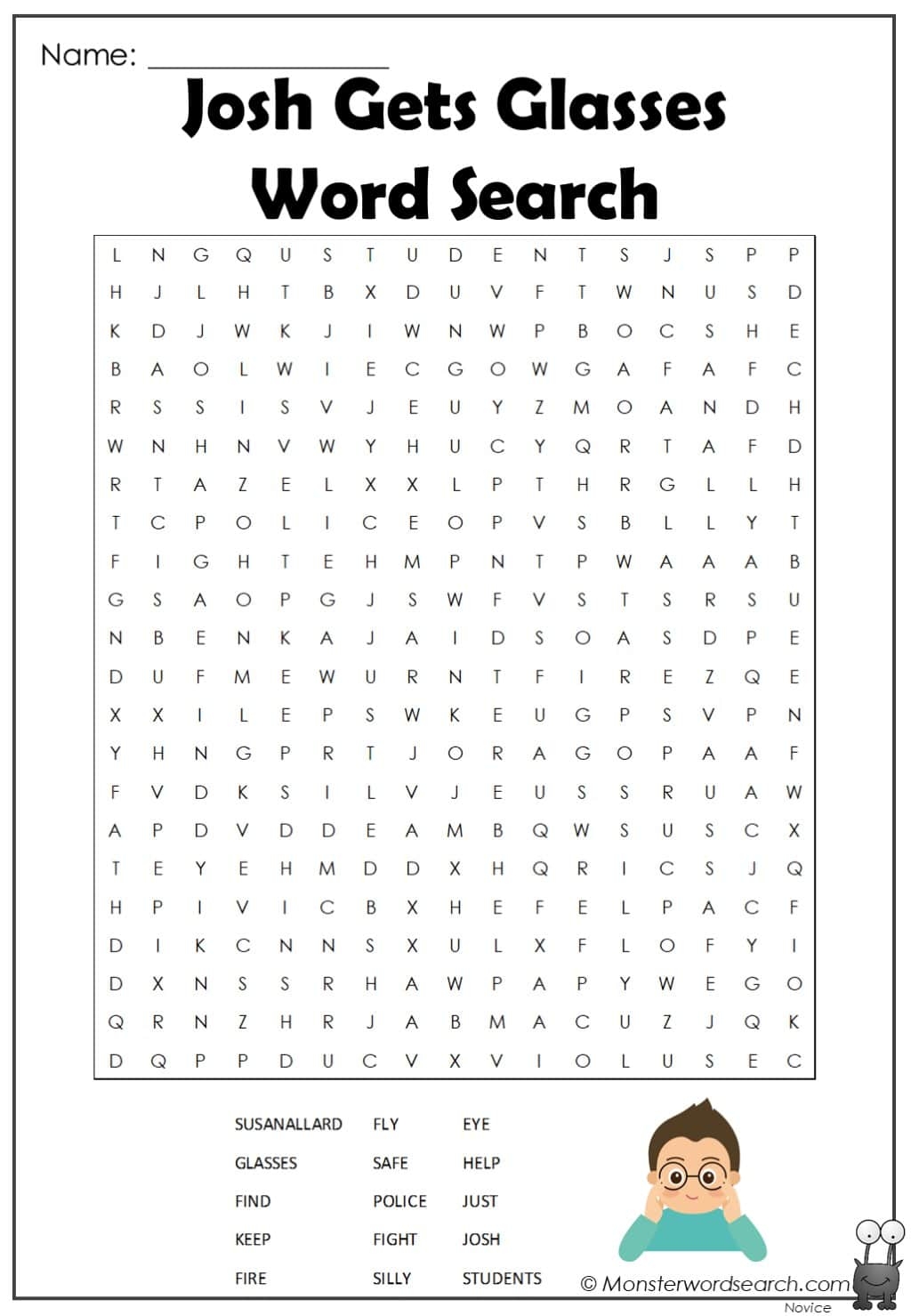 Josh Gets Glasses Word Search Monster Word Search