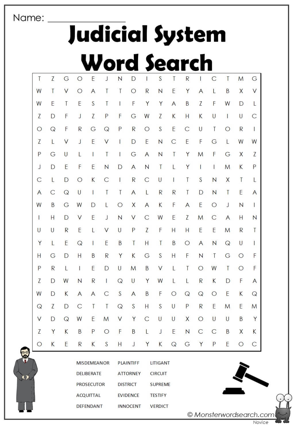 Judicial System Word Search Monster Word Search