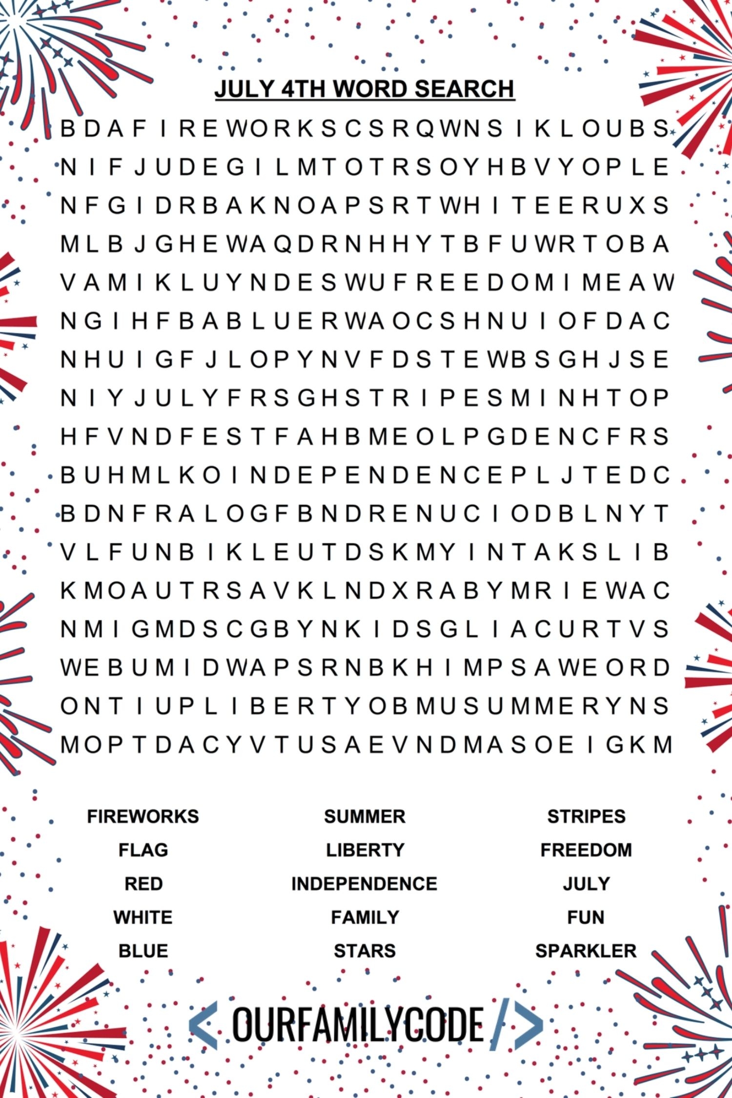 Free Printable July Word Search