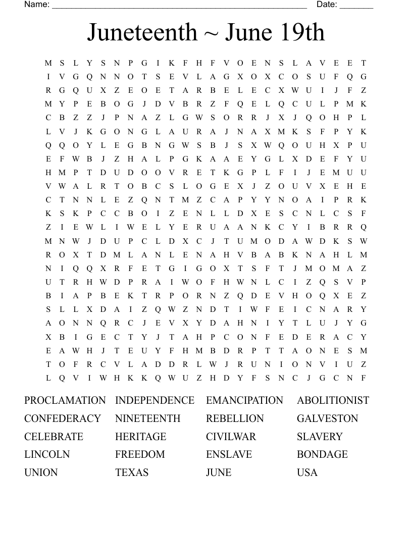Juneteenth June 19th Word Search WordMint