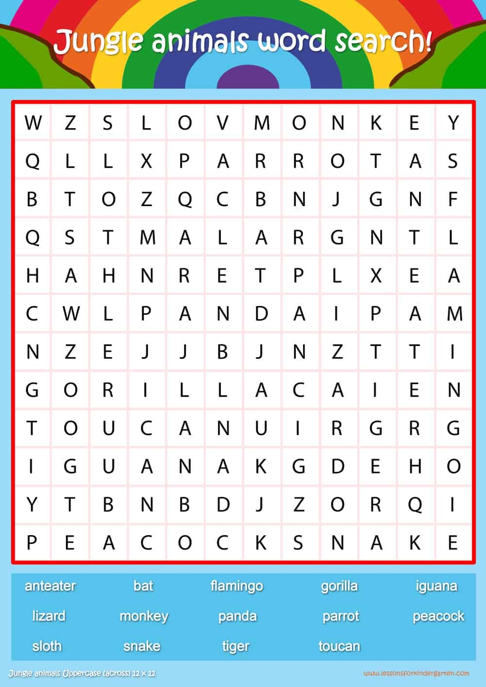 Jungle Animal Word Search Puzzle Worksheets