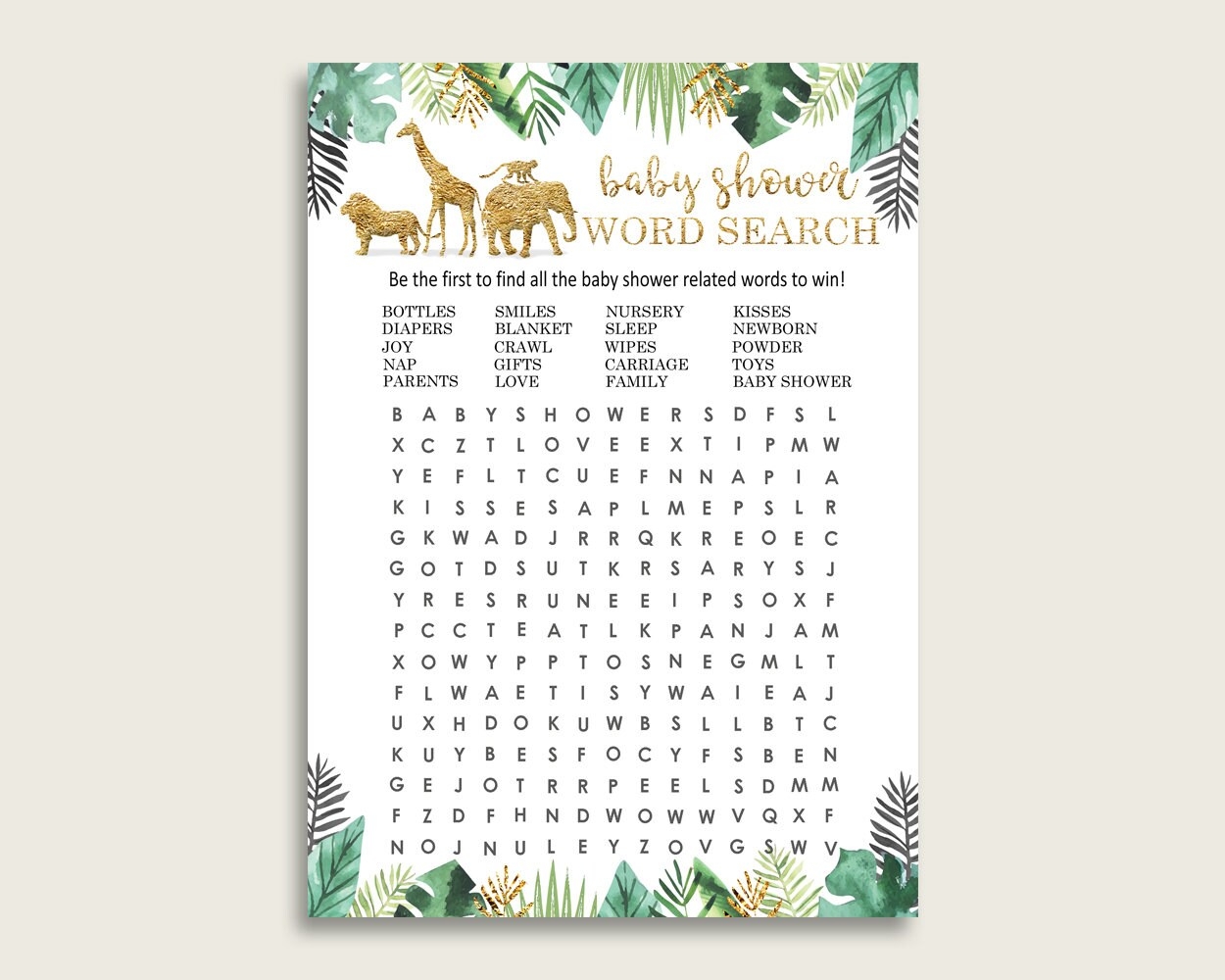 Jungle Word Search Game Gold Green Baby Shower Word Search Cards Printable Gender Neutral Baby Shower Activities Hidden Words EJRED Etsy