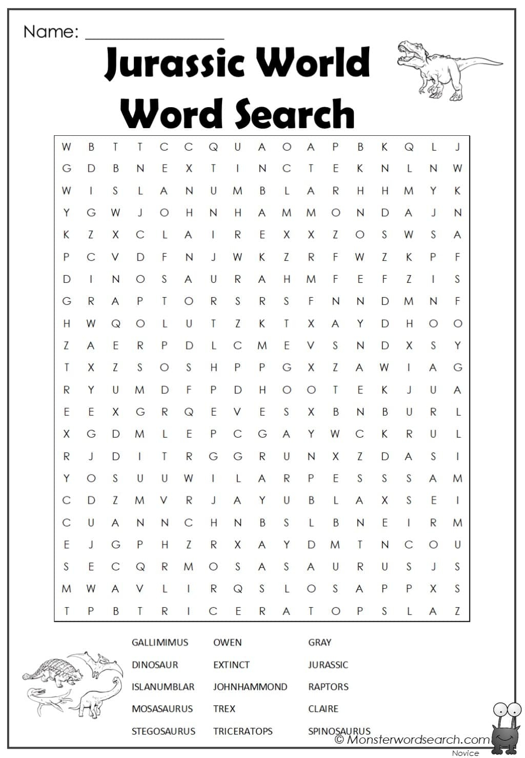 Jurassic World Word Search Monster Word Search