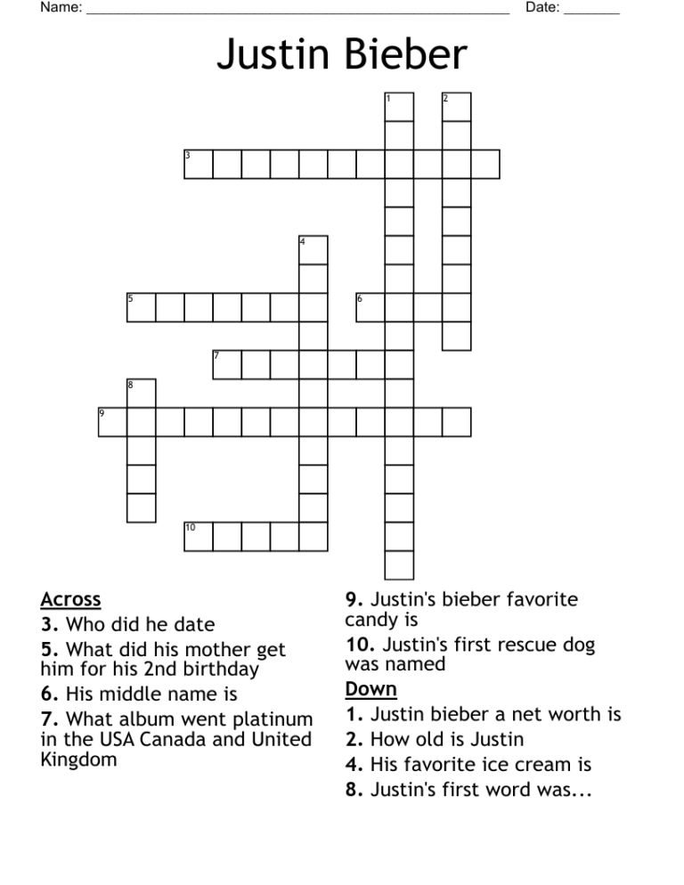 Justin Bieber Crossword WordMint
