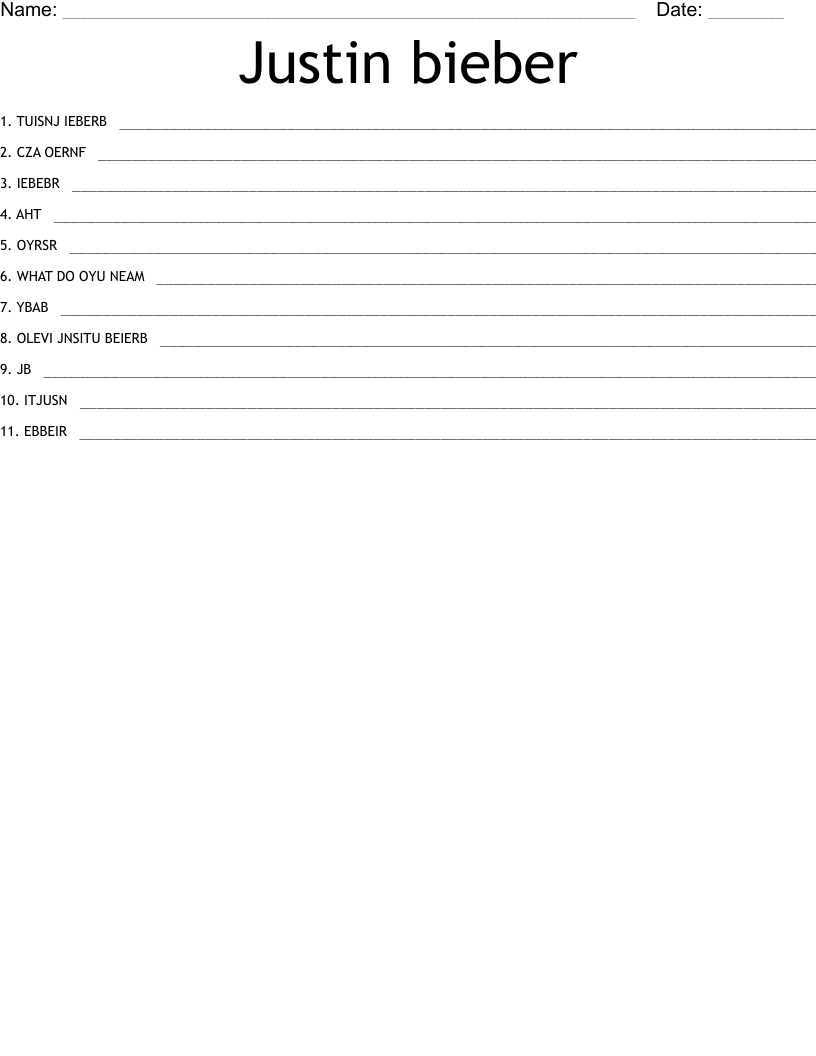 Justin Bieber Word Search Printable