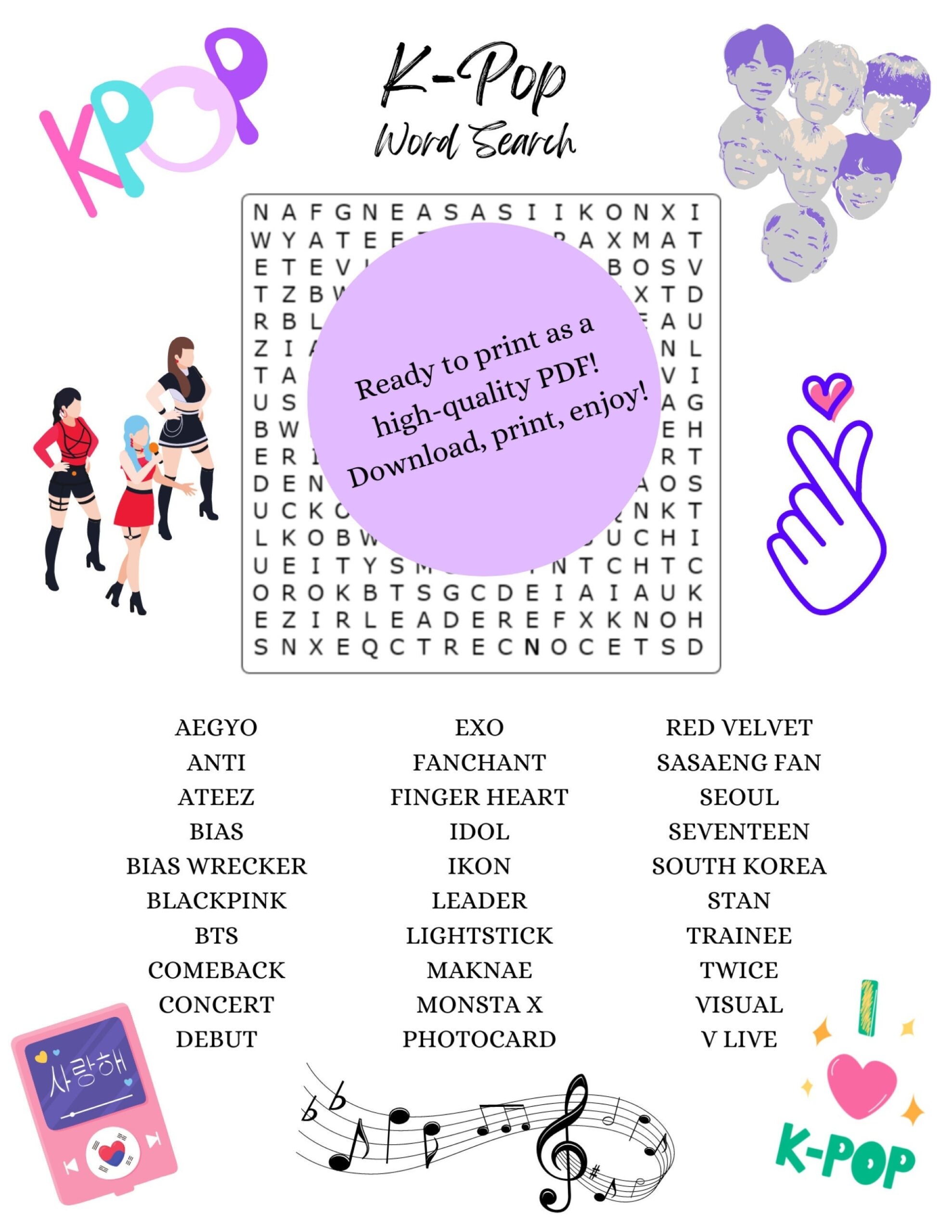 K Pop Word Search Downloadable Printable