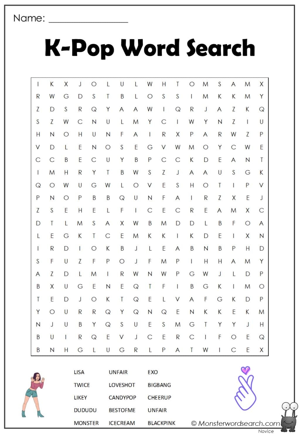 K Pop Word Search Monster Word Search