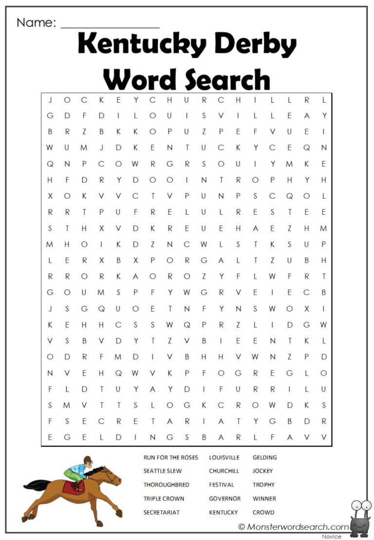 Kentucky Derby Word Search Monster Word Search