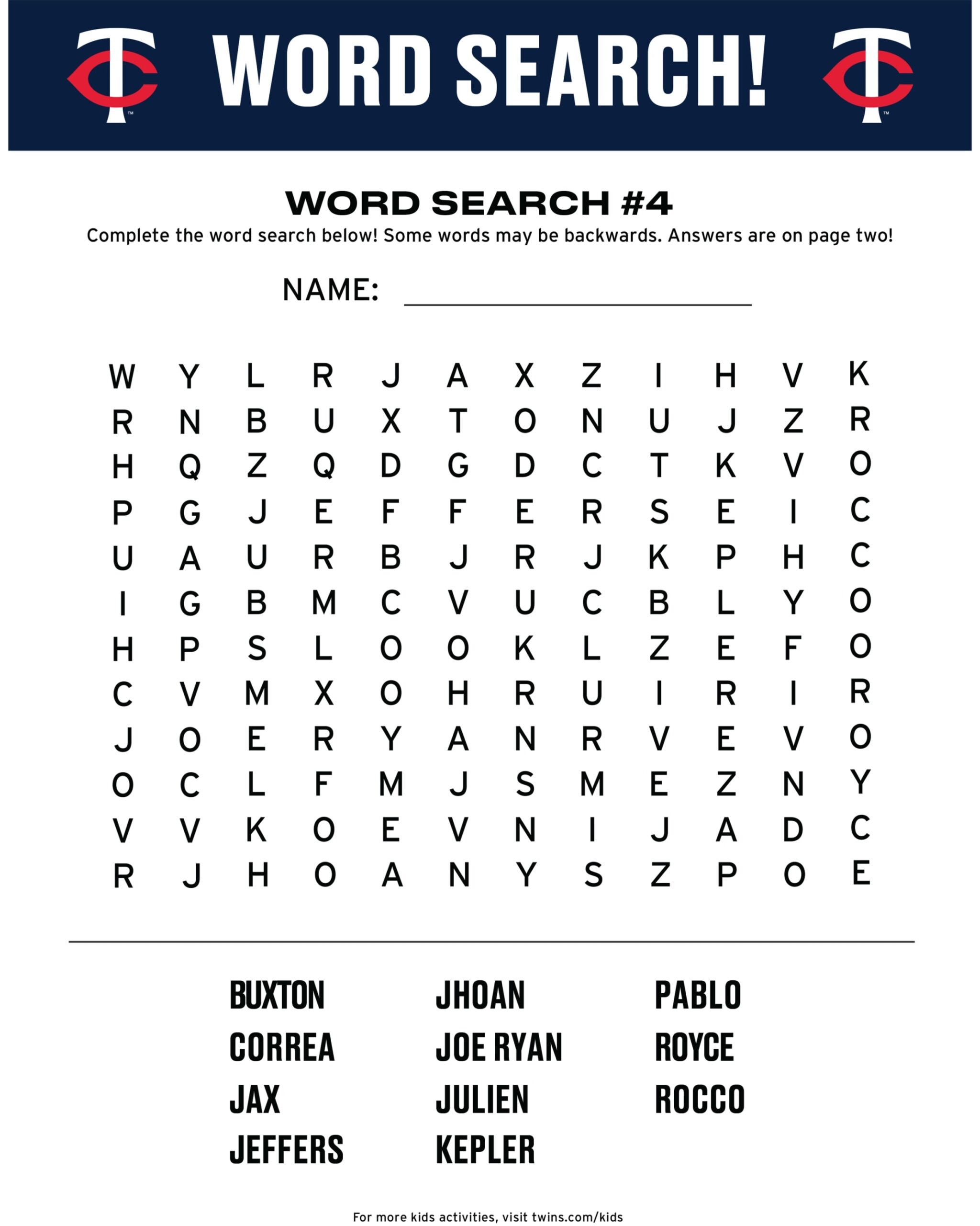 Kids Activity Sheets Minnesota Twins