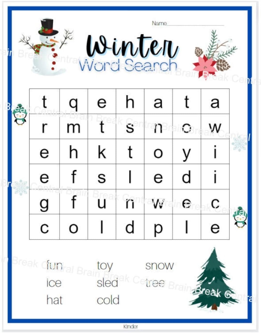 Kindergarten Winter Word Search With Answer Key Printable Etsy