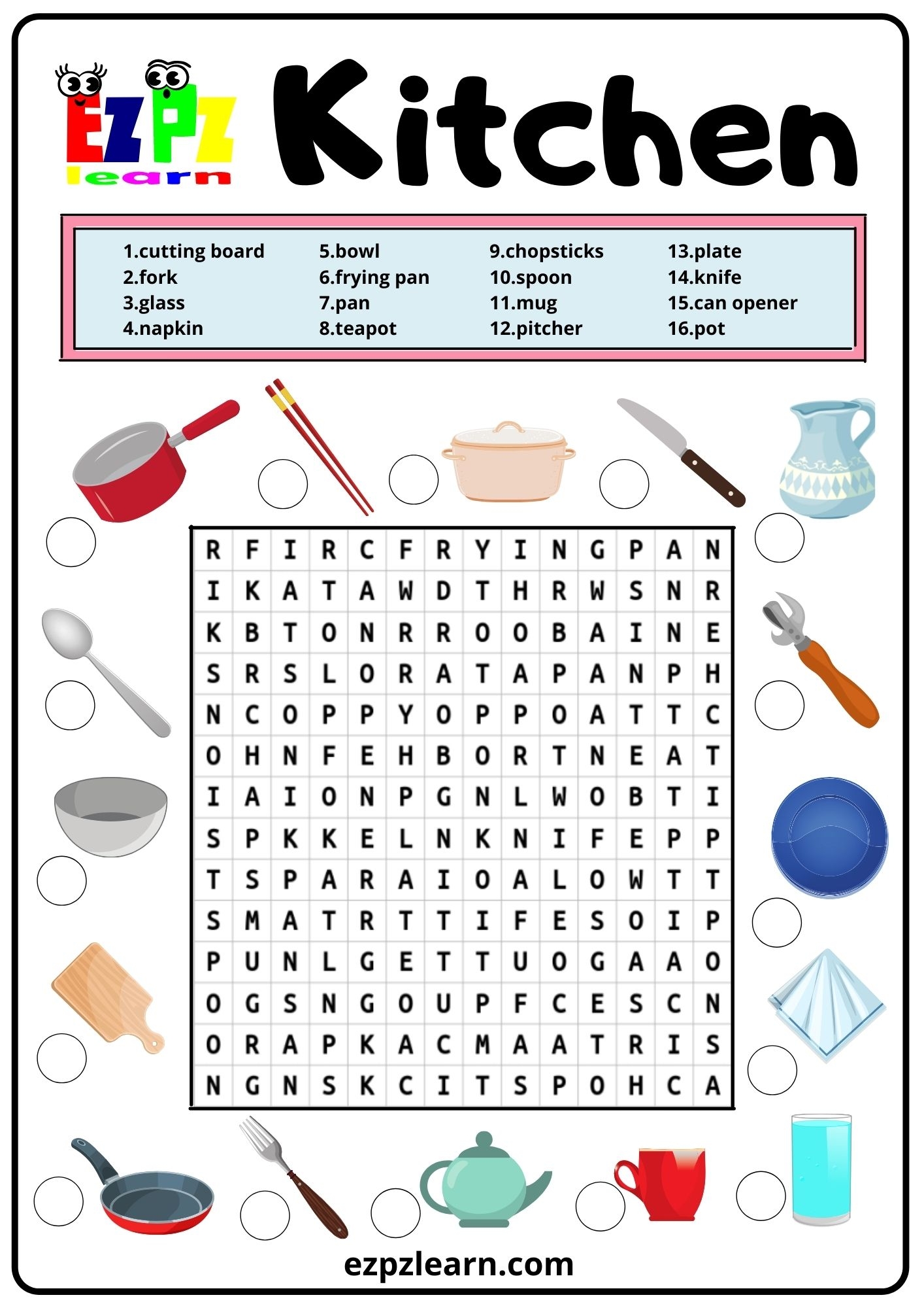 Free Printable Word Search Puzzles Utensils
